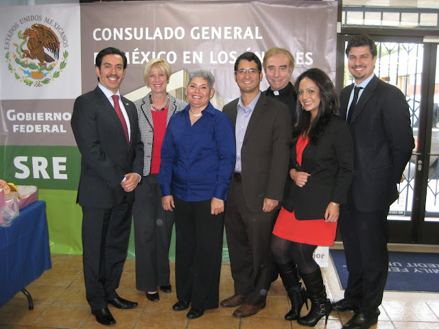 Photo of Mexican Consul General David Figueroa Ortega, Congresswoman Janice Hahn, Lucia Moreno-Linares; Rafael O. Morales; Father Luis Valbuena, OMI; Lupe Lopez, and Jorge Jimenez. Photo of