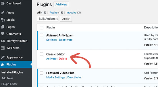 Excluir plug-ins inativos