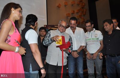 Cast and crew of the movie 'Zila Ghaziabad' during its music launch, held in Hyderabad.