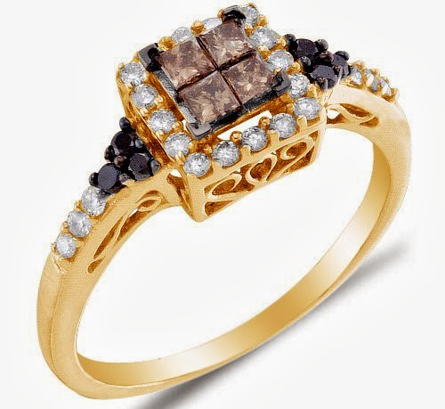 Size 11 - 14K Yellow Gold Halo Invisible Set Princess and Round Cut Chocolate Brown and Black Diamond Engagement Ring OR Fashion Band - Square Princess Shape Center Setting - (1/2 cttw.)