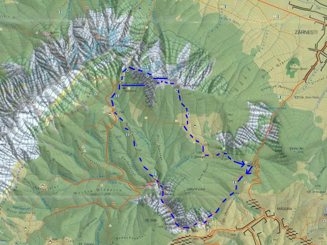 fragment harta Piatra Craiului, traseul cu urcare prin Prăpăstii, trecere pe la Curmătura, urcare pe Piatra Mică