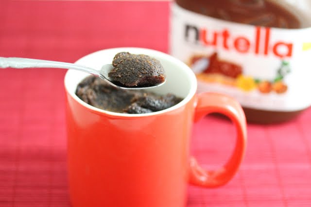 photo of a spoonful of Flourless Nutella Mug Cake