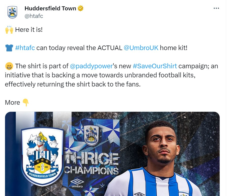 Screenshot of Huddersfield Town's post revealing their football shirt. 