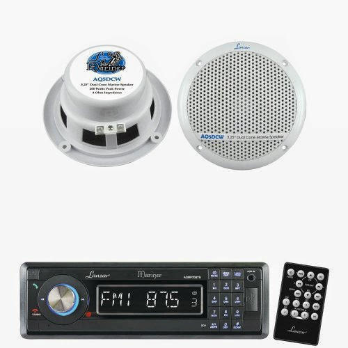  Lanzar Marine Receiver and Speaker System Package for your Boat, Pool, Deck, Patio, etc. - AQMP70BTB AM/FM-MPX In-Dash Marine Detachable Face Radio w/SD/MMC/USB Player  &  Bluetooth Wireless Technology - AQ5DCW 300 Watts 5.25'' Dual Cone Marine Speakers (White Color) (Pair)