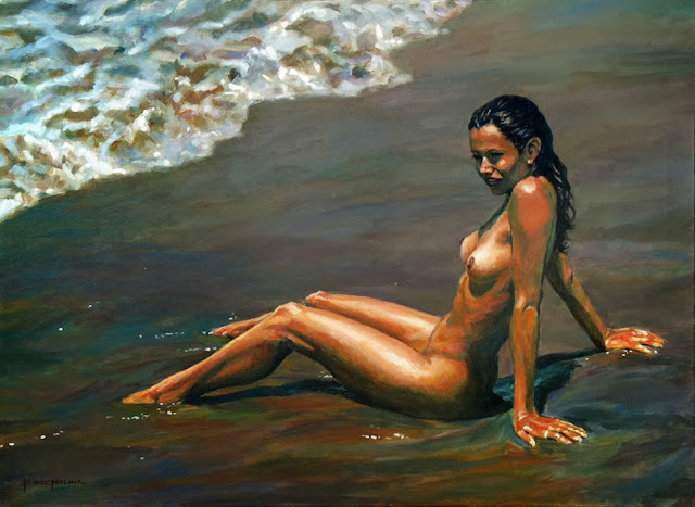 Al sol tras el baño, de Fidel Molina al sol tras el baño, pintura en acrilico de fidel molina