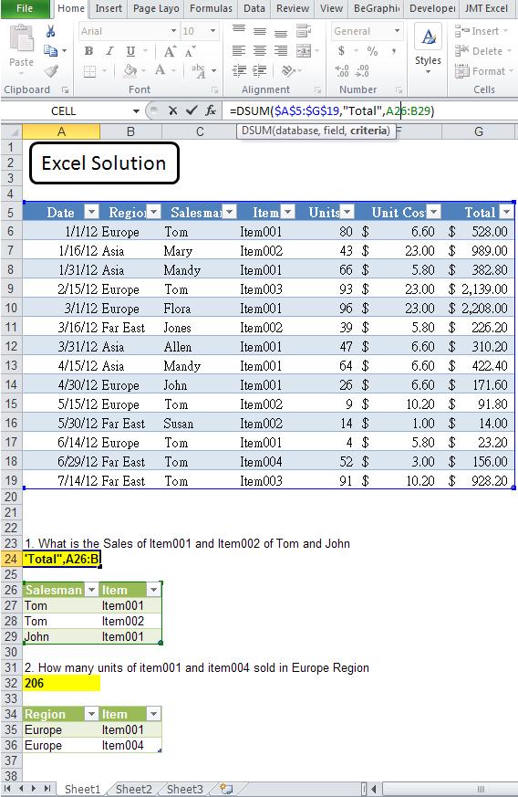 Use Dsum function to Get Complex summary data Excel Solution