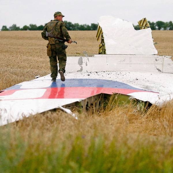 An armed pro-Russian separatist stands on part of the wreckage of the Malaysia Airlines Boeing 777 plane after it crashed near the settlement of Grabovo in the Donetsk region, July 17, 2014. 