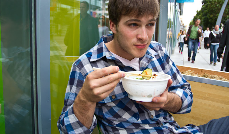 Blue Work Flannel eats Soup