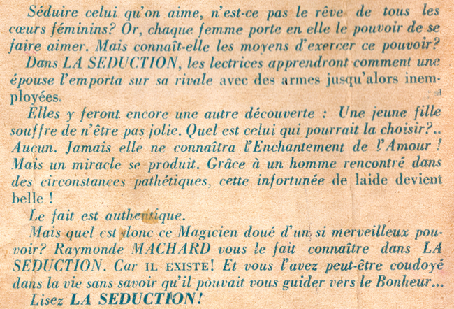 Couverture de livre édifiant vintage : La séduction de Raymonde MACHARD aux éditions BAUDINIERE  - Pour vous Madame, pour vous Monsieur, des publicités, illustrations et rédactionnels choisis avec amour dans des publications des années 50, 60 et 70. Popcards Factory vous offre des divertissements de qualité. Vous pouvez également nous retrouver sur www.popcards.fr et www.filmfix.fr