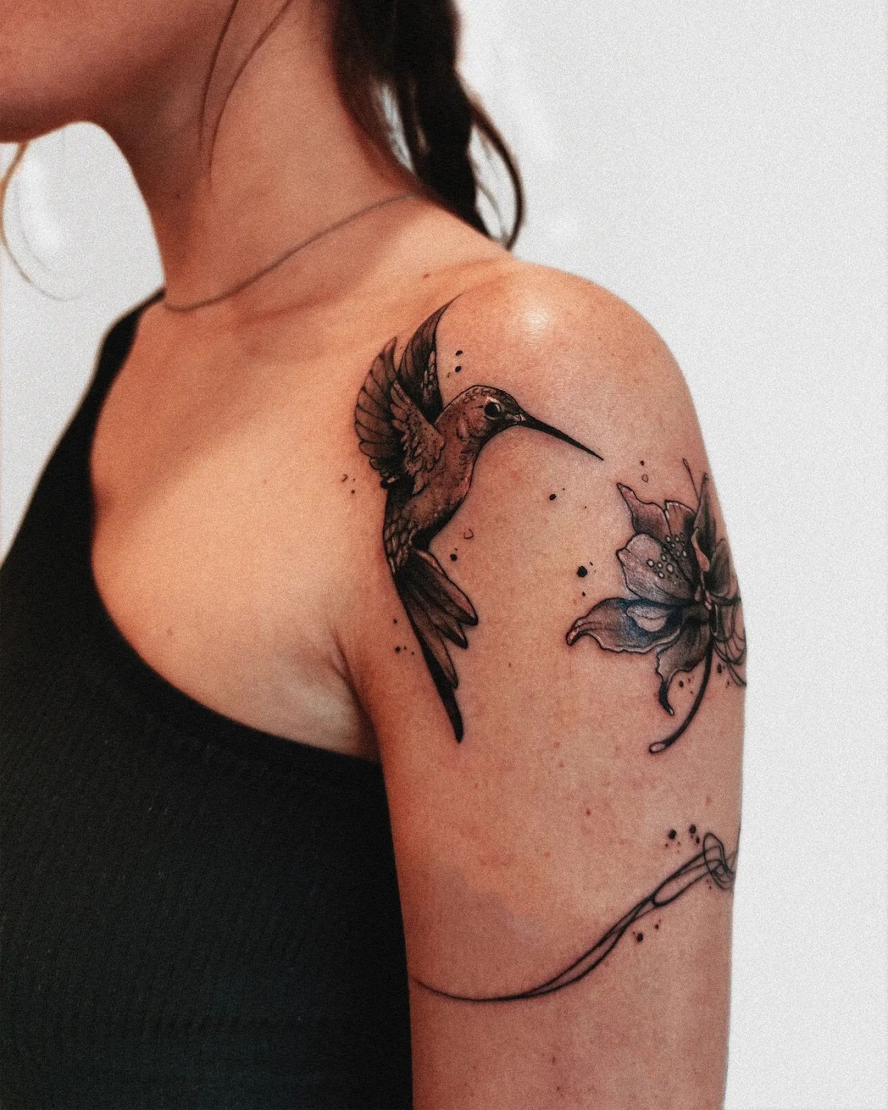 Hummingbird & Flower Classy Shoulder Tattoos Female