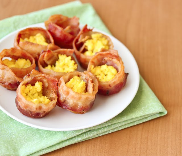 overhead photo of a plate of Mini Bacon Egg Cups