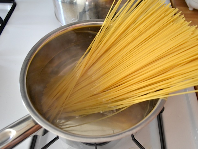 pasta in pot of boiling water 