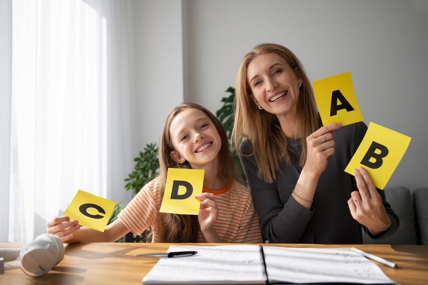 English phonics being learned by a girl along with her mother