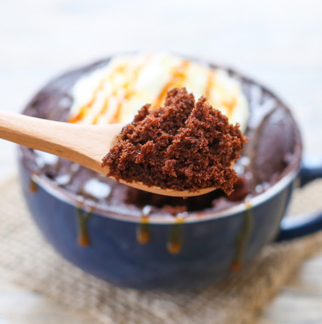 close-up photo of a scoop of Salted Caramel Mocha Mug Cake