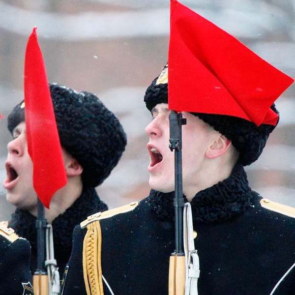 Soldiers shout during a parade marking the 70th anniversary of the battle that lifted the Siege of Leningrad in St.Petersburg, Russia.