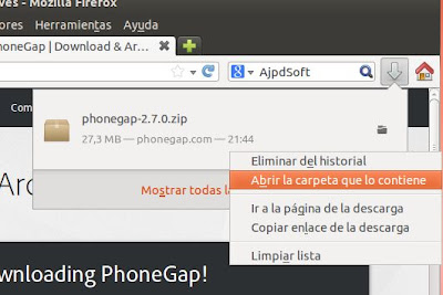 Descagar y descomprimir PhoneGap de Apache Cordova para Eclipse