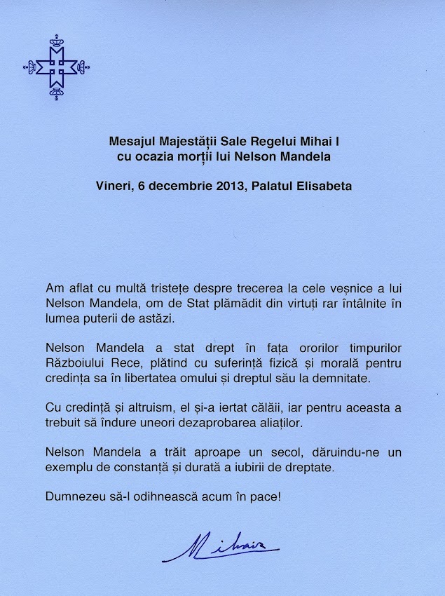 Mesajul Regelui Mihai I la moartea lui Nelson Mandela Mesajul Regelui Mihai I la moartea lui Nelson Mandela