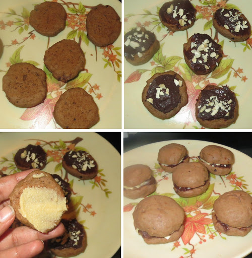 Eggless Chocolate Whoopie Pies with Caramel Buttercream Recipe written by Kavitha Ramaswamy of Foodomania.com