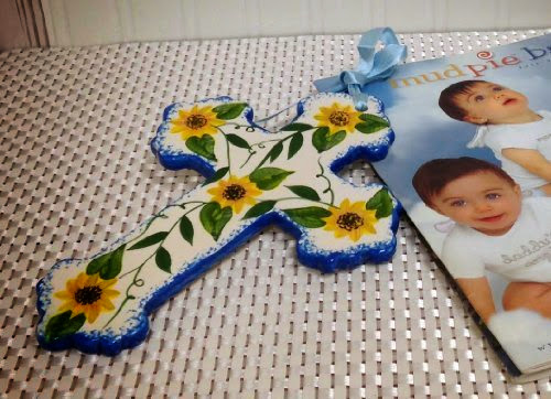  Precious Home Collection, SunFlowers with Blue Rim Decoration Cross, 9-1/4