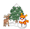 GIF coreano estilo navideño - Reno, hombre de nieve y árbol navideño