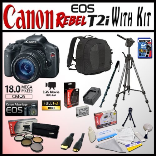 Canon EOS Rebel T2i 18.0 MP Digital SLR Camera Advanced Starter Holiday Kit with EF-S 18-135mm f/3.5-5.6 IS, Backpack, 16Gb SD Memory card, Extra LP-E8 Battery, Opteka Tripod and Monopod and Much More