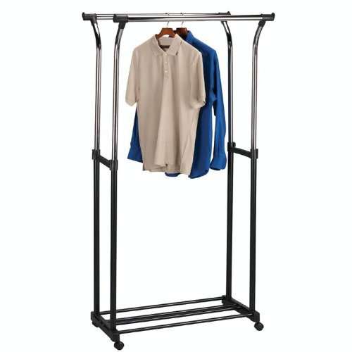 Adjustable Height 2 Bar Rolling Garment Rack w/ Storage Rack