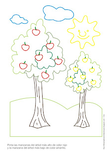 Estimulación temprana, ejercicios de identificación. Dibujos para colorear y pintar. Pinta las manzanas del árbol más alto de color rojo y las manzanas del árbol más corto de color amarillo