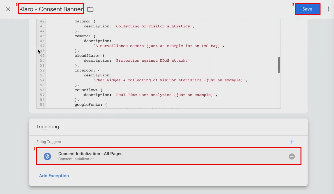 Configuring a new custom HTML Tag with a consent initialization - all pages trigger