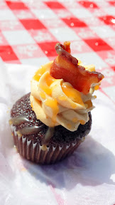 Eat Mobile 2014 - bite from Hungry Heart PDX of the Sweet n Salty chocolate cupcake with peanut butter frosting and bacon and salted caramel