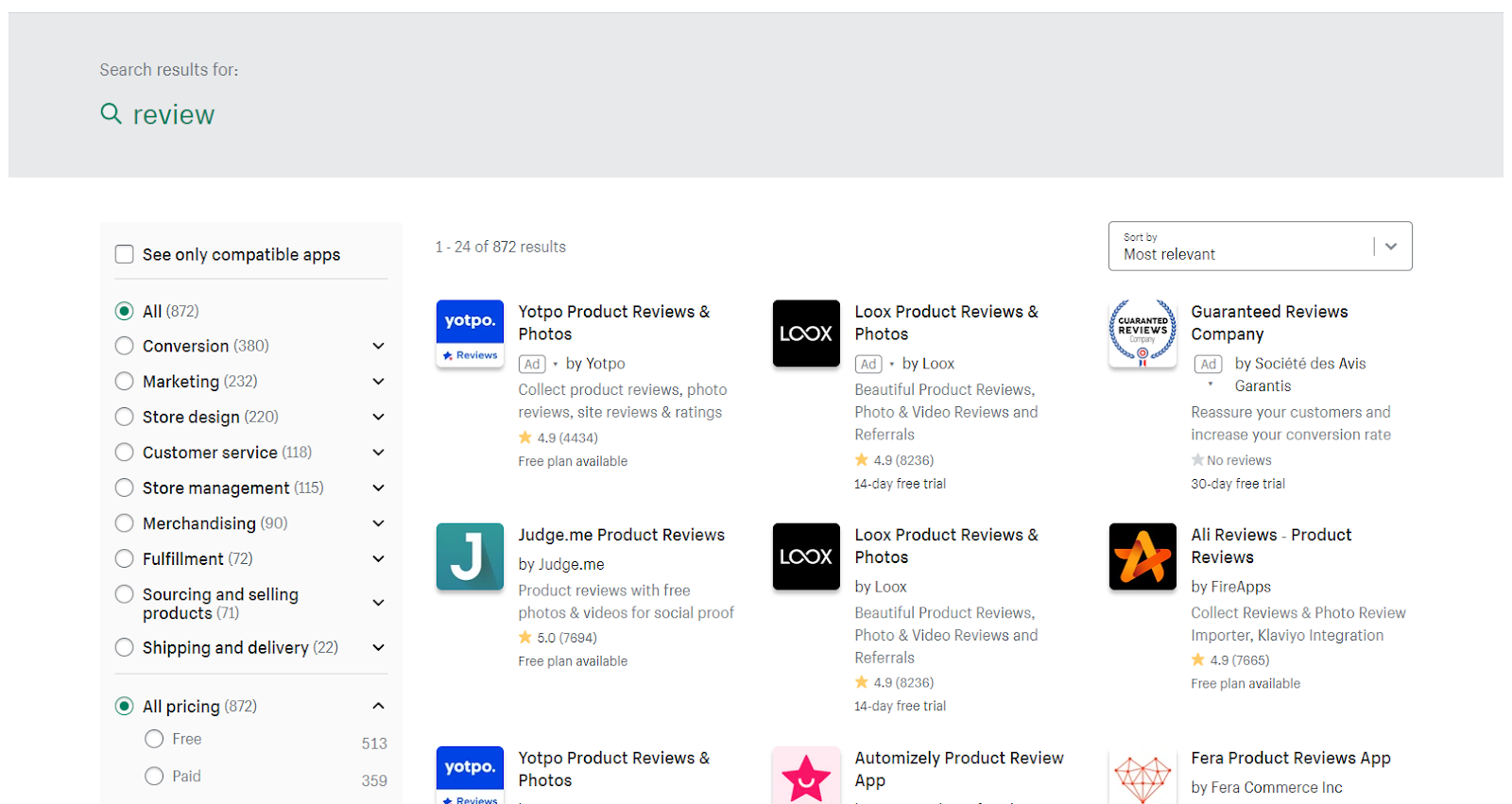 Shopify app store showing results for reviews apps
