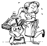 Mother cramming books into her son's head