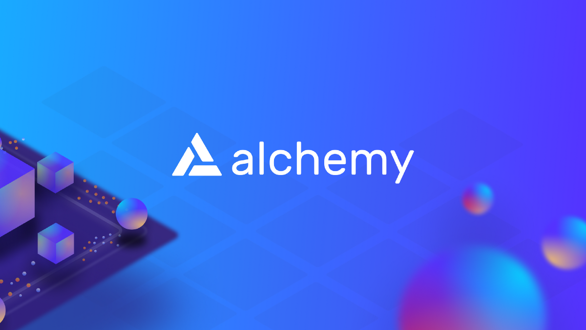 In the image, we see a blue background with a grid showcasing the Alchemy logo.