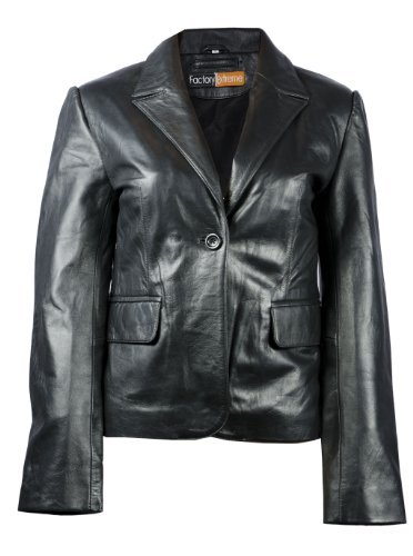 FactoryExtreme Four Seasons Classic Women's Black Leather Blazer, Black - Small