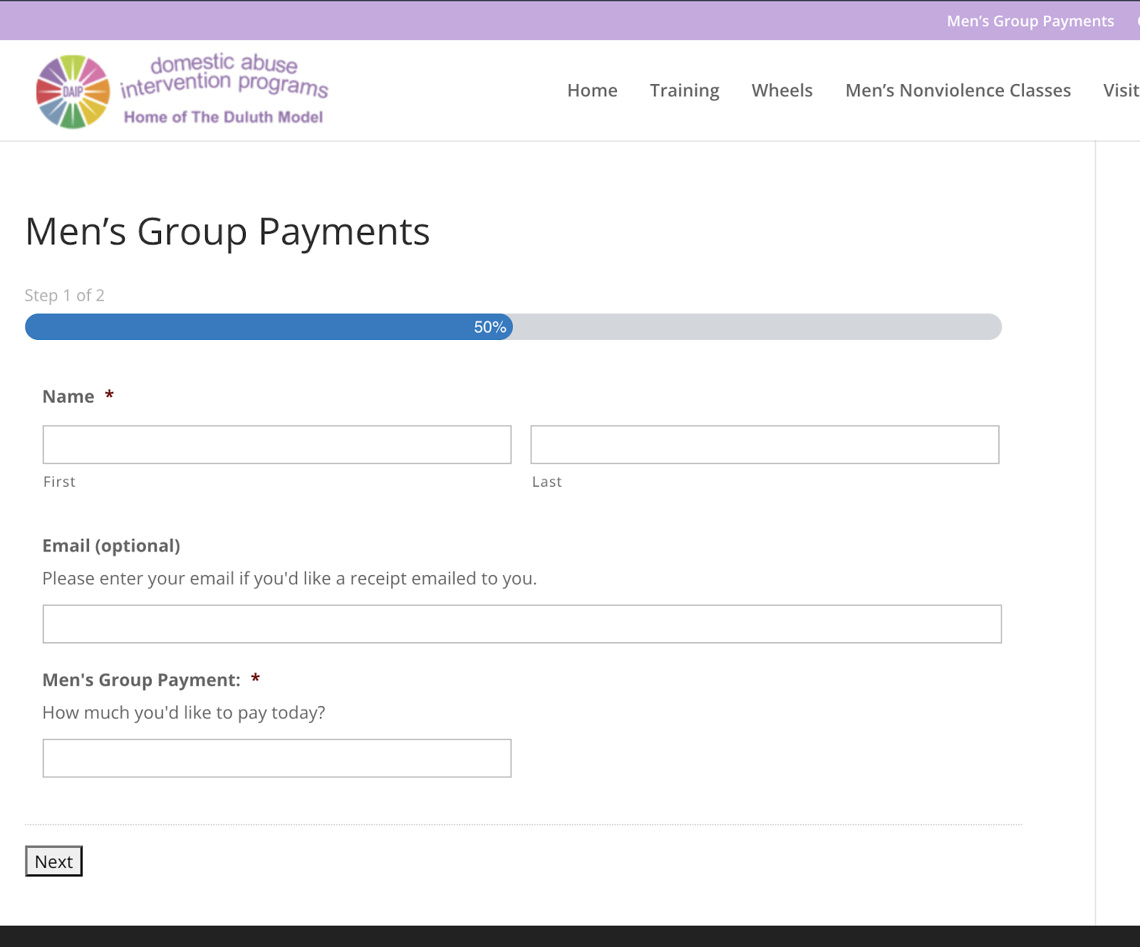 A screenshot of the payment option on the Men's Group website