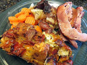 Baby Bell Peppers and Swiss Strata, Ham, Easter dinner, Smashed Potatoes, Dill and Lemon Carrots