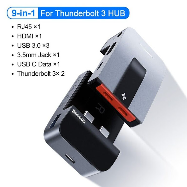 Hub chuyển đổi đa năng Baseus Macbook 9 in 1 (Rj45*1 HDMi*1 USB3.0*3 Jack 3.5 *1 USB C Data *1 Thunderbolt 3 * 2)