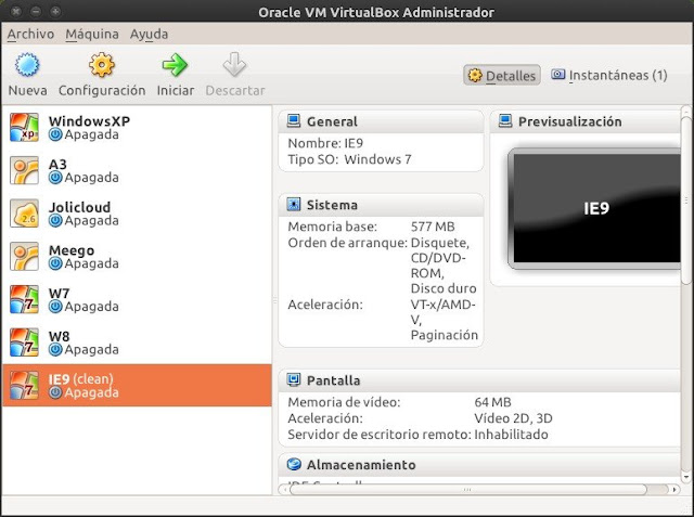 VirtualBox resaltando Windows 7 con IE9