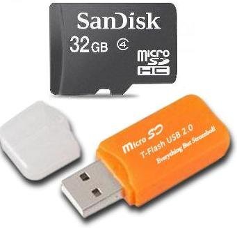 Sandisk 32GB Micro SDHC Class 4 TF Memory Card for Samsung Corby II Galaxy Ace with Everything But Stromboli Micro SD Orange Card Reader - Bulk Packed