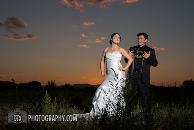 batman groom and bride sunset wedding photography