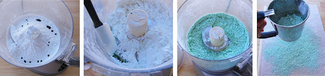 coloring powdered sugar in a food processor