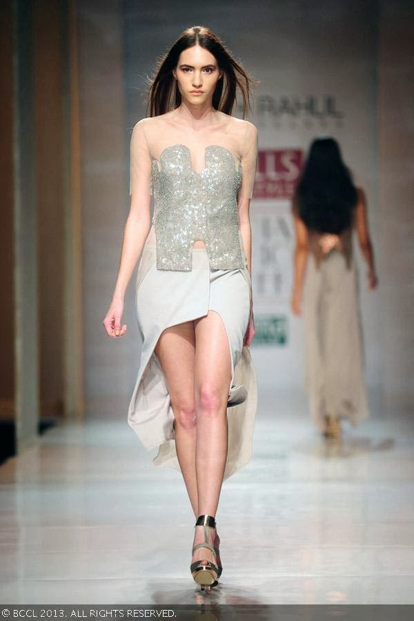 Katya showcases a creation by fashion designers Rohit Gandhi and Rahul Khanna on Day 3 of Wills Lifestyle India Fashion Week (WIFW) Spring/Summer 2014, held in Delhi.