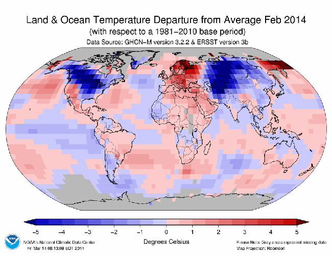 Informe climático de la Tiera: febrero de 2014 el 21º más cálido desde 1880