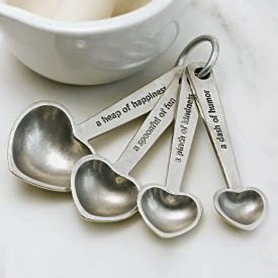 Beehive Kitchenware Pewter Measuring Spoons on Ring, Made in USA, Hearts w/ Quotes