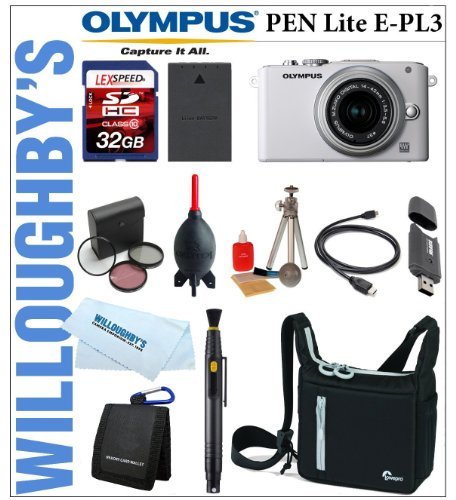 Olympus PEN Lite E-PL3 12.3 MP CMOS Sensor Micro Four Thirds Interchangeable Lens Digital Camera with 14-42mm II Zoom Lens (White) + LEXSpeed 32GB SDHC Memory Card + Extra PS-BLS1 Battery + Deluxe Digital SLR Camera Bag + 3pc 37mm Multi-Coated Essential Filter Kit