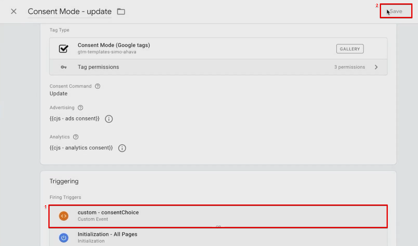 Configuring the custom - consentChoice trigger to the consent mode Tag on GTM