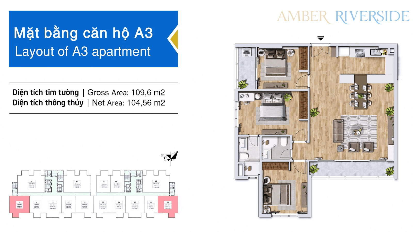 Thiết kế căn hộ A3 dự án Amber Riverside 622 Minh Khai