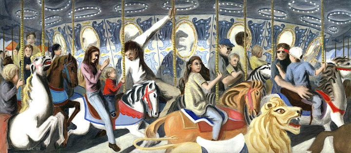 CAROUSEL - a fine art original painting, oil on linen, 21 x 48 inches; based on a multi-image digital sketch created using GIMP
