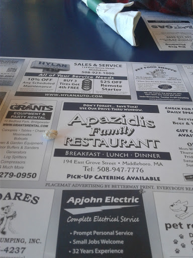 Family Restaurant «Apazidis Family Restaurant», reviews and photos, 194 E Grove St, Middleborough, MA 02346, USA