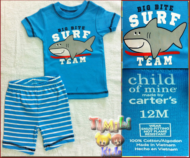 Bộ bé trai Child of mine - một nhãn hàng của Carter's, màu xanh biển, hình con cá voi, việt nam xuất khẩu.