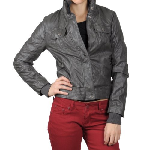 Hailey Jeans Co Juniors Topstitch High Collar Faux Leather Jacket